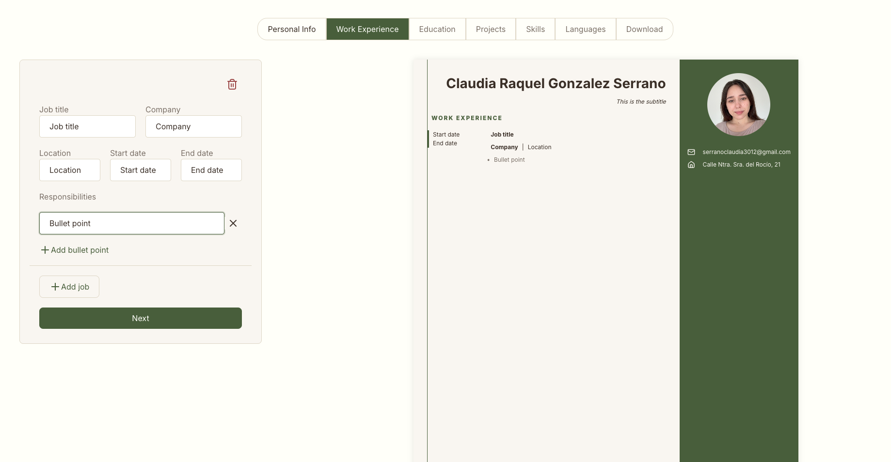 CV Builder app showing the Work Experience form on the left with fields for job title, company, location, dates, and responsibilities, and a live-rendered CV preview on the right with a green sidebar.