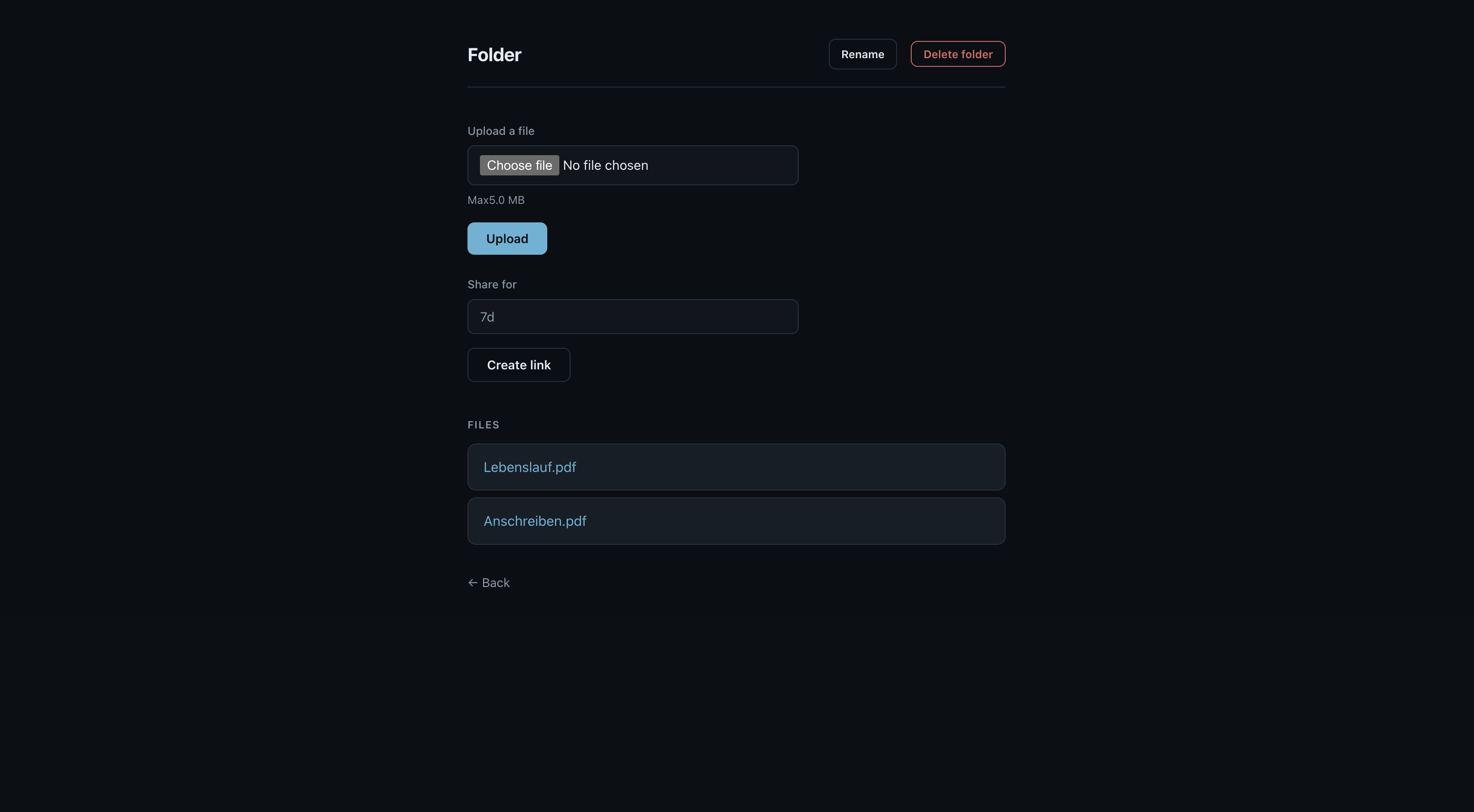 Folder page in File Uploader showing the upload form, a share-link duration field, and a list of uploaded PDFs