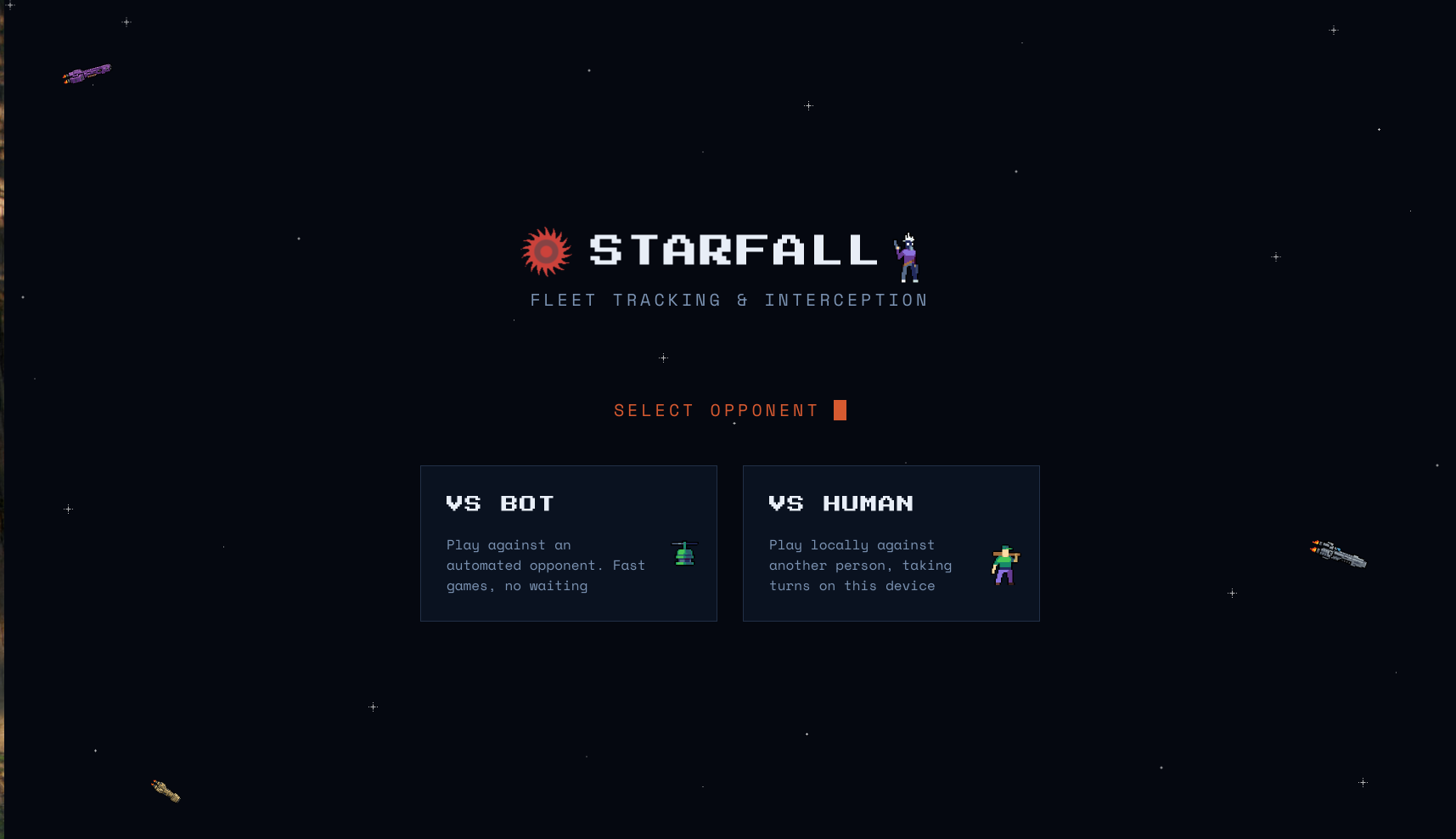 Starfall battle screen showing player and enemy fleet grids with hits and misses