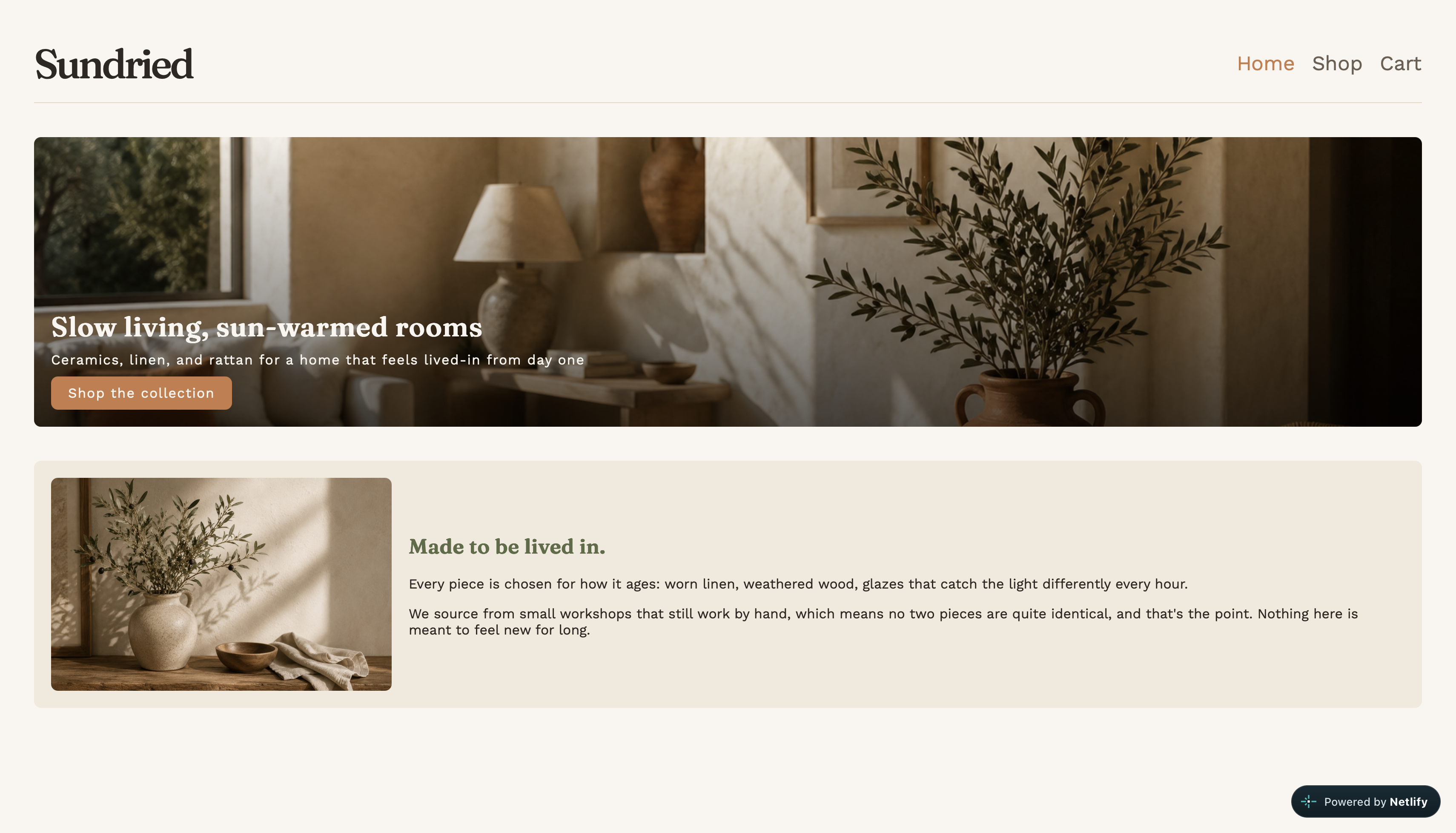 Sundried homepage showing the shop's warm, Mediterranean-inspired hero section for a home goods store