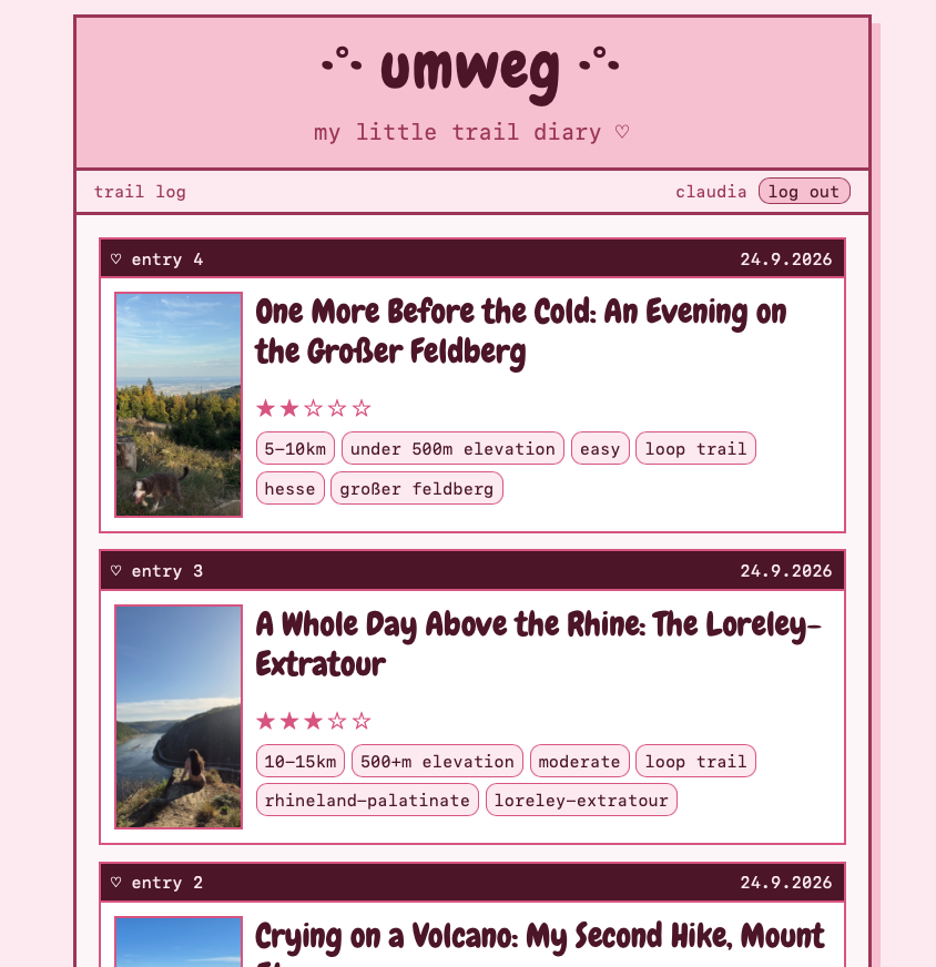 Umweg reader app showing a trail log of blog entries with photos, star ratings and hike tags